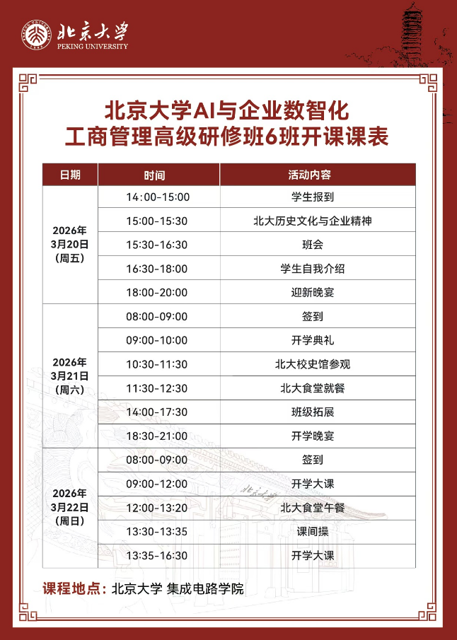 3月北京大学AI与企业数智化工商管理高级研修班6班开课课表(图1)